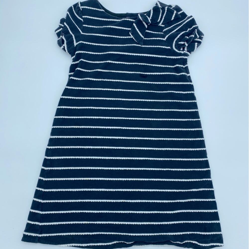 Janie & Jack Girls Cotton Knit Dressw/ Bow Navy with With Scalloped Stripes- 6
